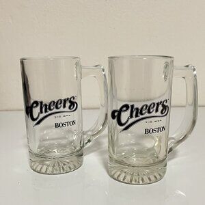 (2) CHEERS BOSTON 1992 CLEAR GLASS 12 oz MUG 5.5'tall/PREOWNED